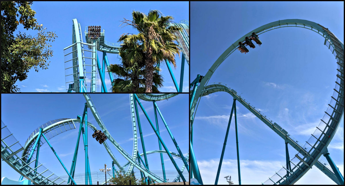 Collage of photos of the Emperor Roller Coaster at SeaWorld San Diego.