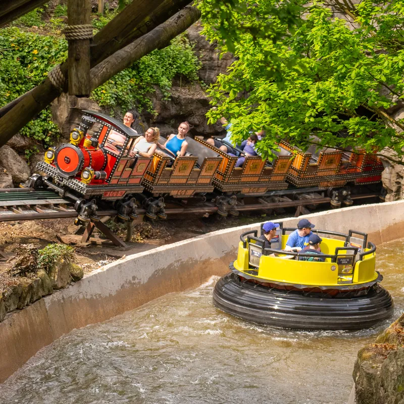 Runaway Mine Train at Alton Towers running past the river rapids ride (courtesy Alton Towers)